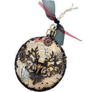 Handcrafted Ornament OOAK Vintage-Inspired Collage Gold Black Deer & Accents
